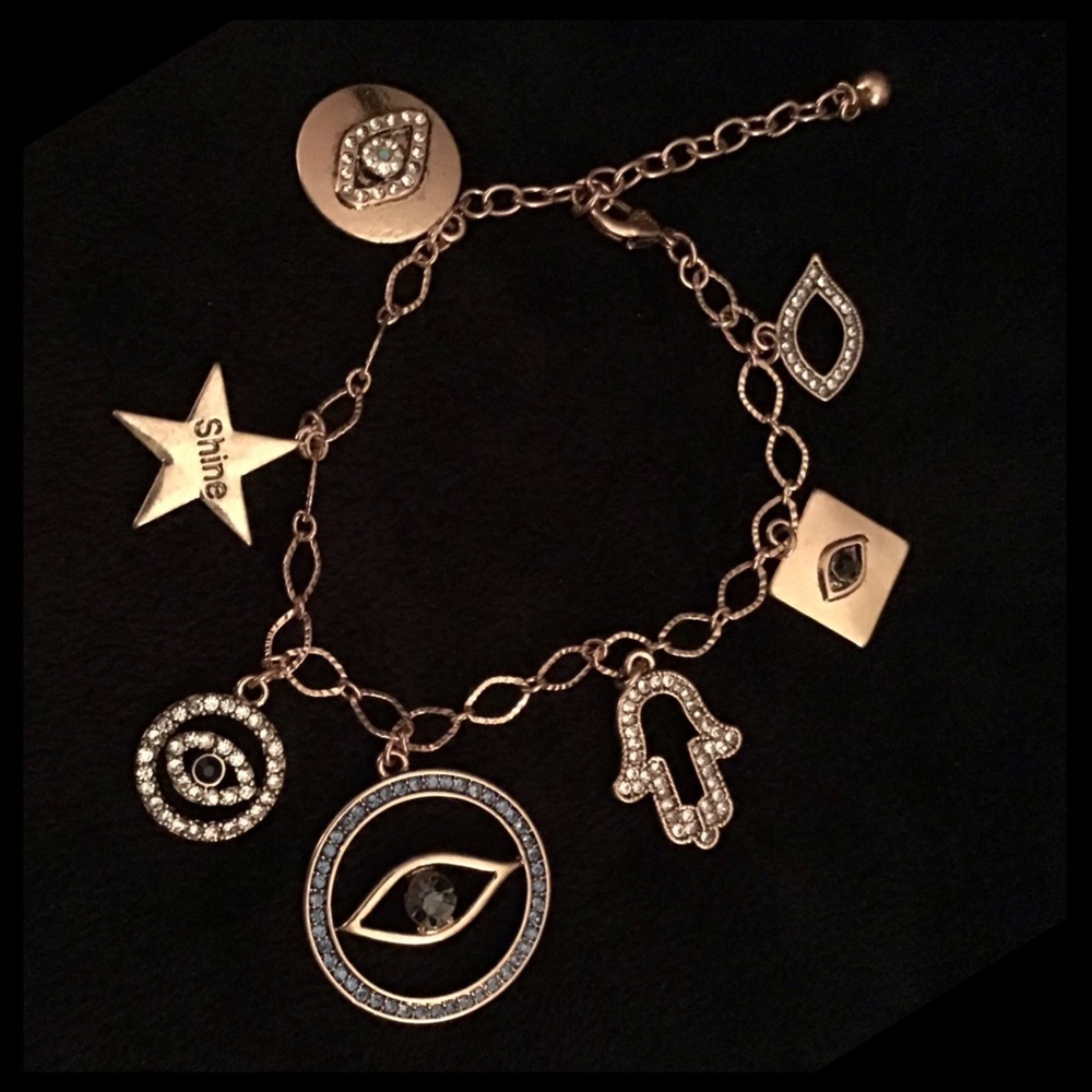 Evil Eye Antique Gold & Rhinestone Charm Bracelet - Picture 7 of 7